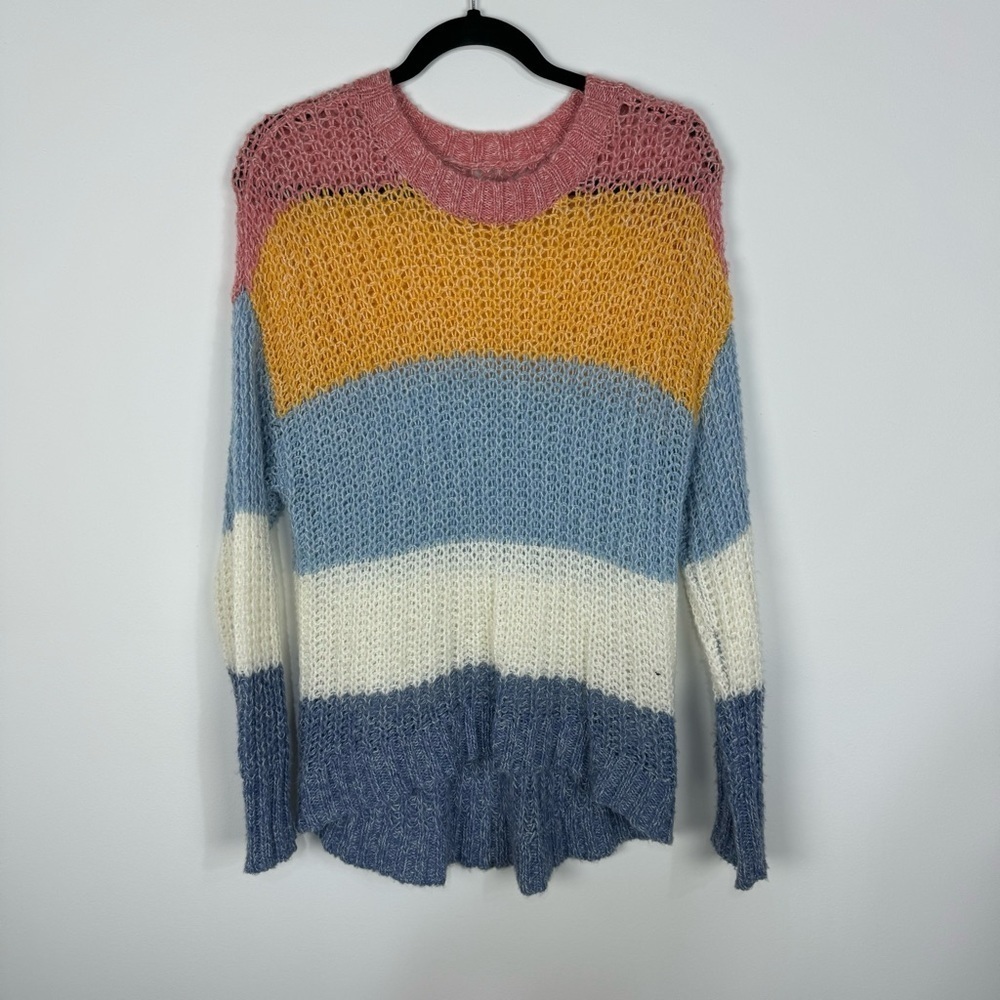 American eagle pastel open knit striped color block crewneck sweater pink blue